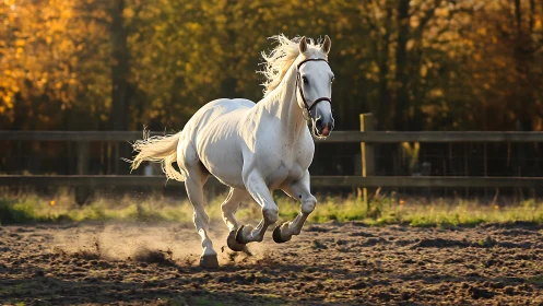 White horse gallops through sunlit paddock at golden hour.