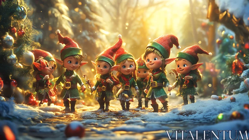 Seven Christmas elves stand in snowy forest lighted path