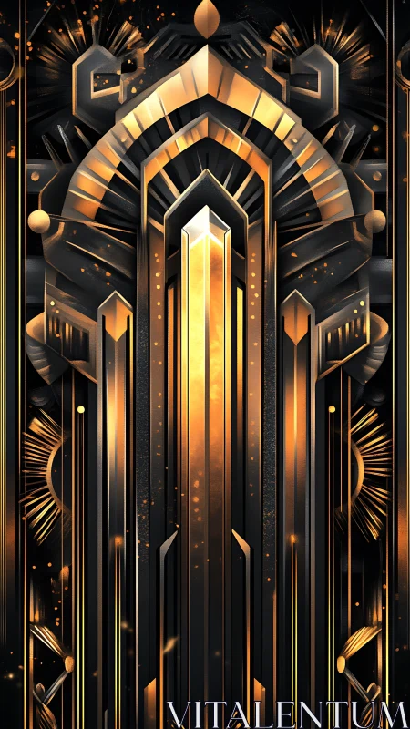 Art deco golden portal with geometric radiant columns.