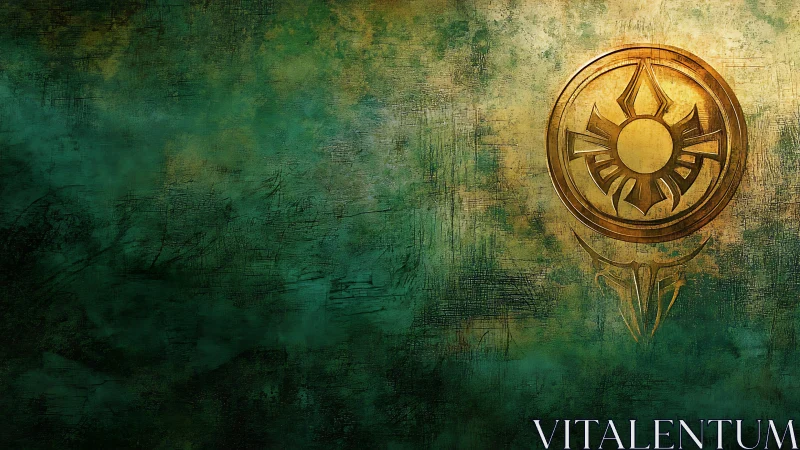 Sun sigil burns through emerald mist on weathered wall