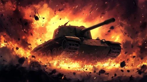 Military tank rendered in explosive combat scenario with background detonations.