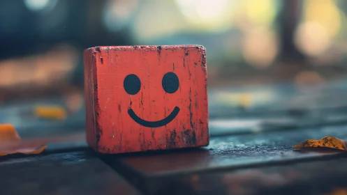 Weathered red smiley block rests on blurred autumn surface