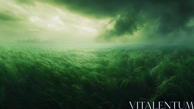 Emerald fields stretching toward a misty, stormlit horizon.