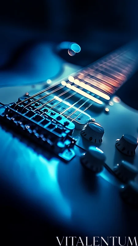 Electric guitar macro study with cinematic neon blue lighting