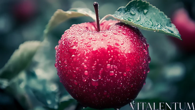 Red apple with water droplets hangs sharply against soft bokeh