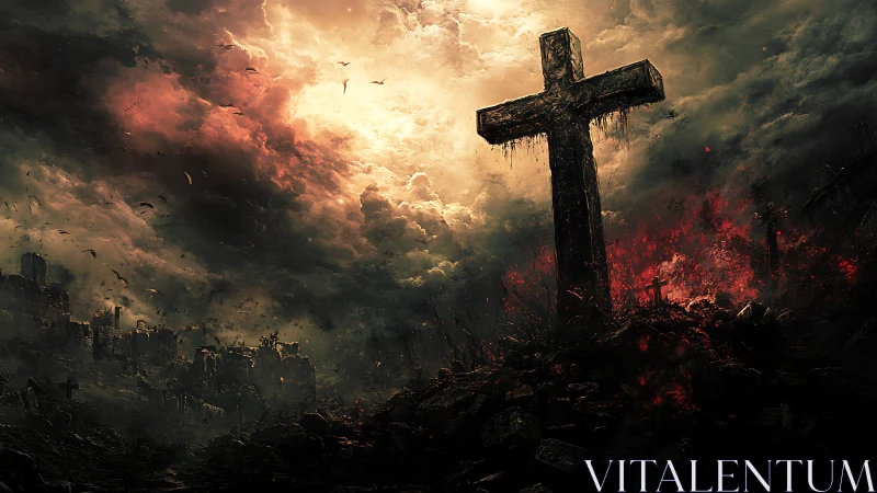 Large weathered cross stands over ruined, burning landscape