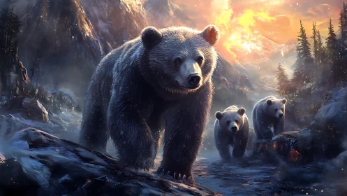Grizzly bear leads cubs through glowing icy mountain pass.