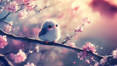 Fluffy spring songbird resting among dreamy blossoms.