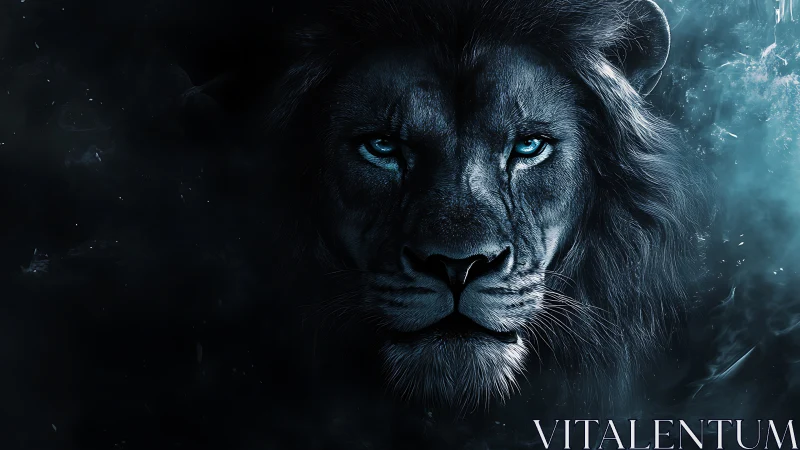 Blue-eyed lion emerges from shadowed cyan mist