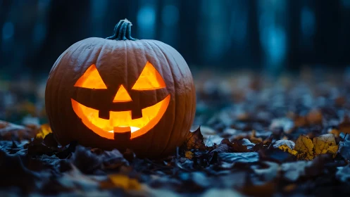 Glowing jack o lantern rests on damp forest floor at dusk