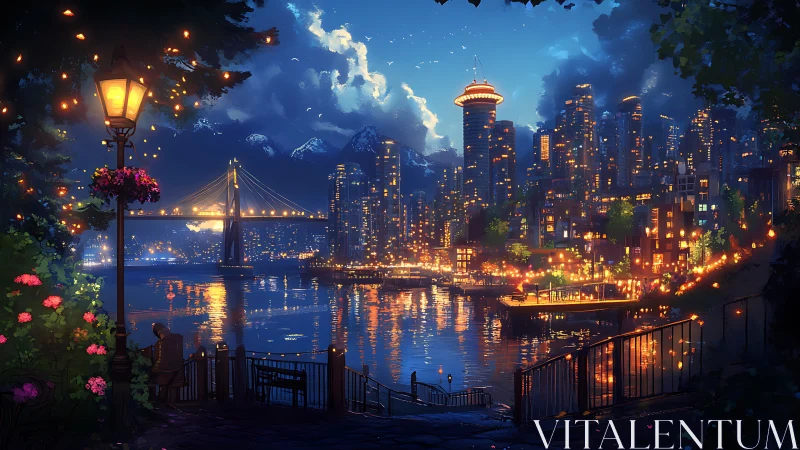 Waterfront city skyline glows under twilight mountain sky.