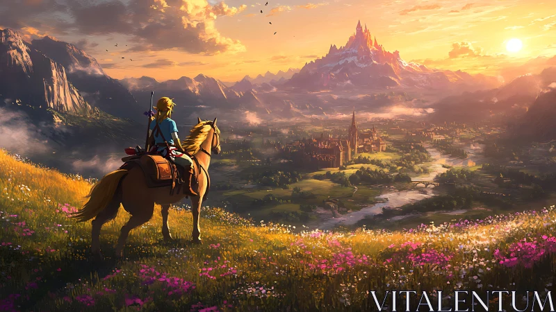 Sunlit rider gazes over a blooming, enchanted valley kingdom.