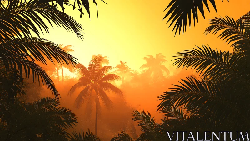 Golden jungle sunrise wrapped in soft misty palms.