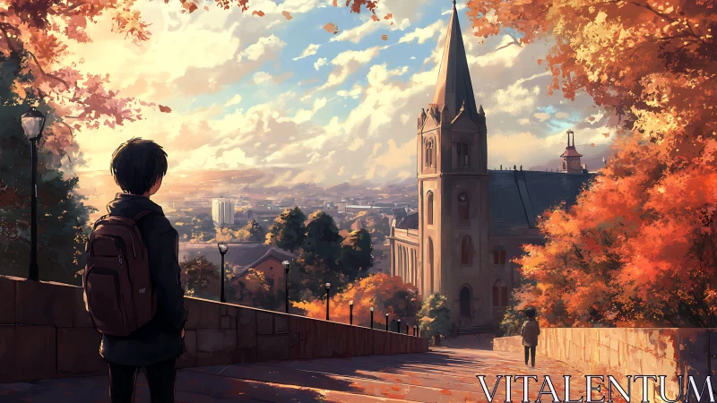 Student observing autumn cityscape with church tower.