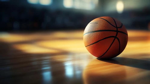 Basketball rests on polished indoor court floor under light
