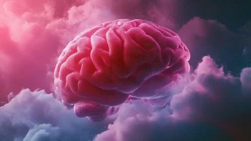 Pink human brain floating in stylized cloudy sky scene.