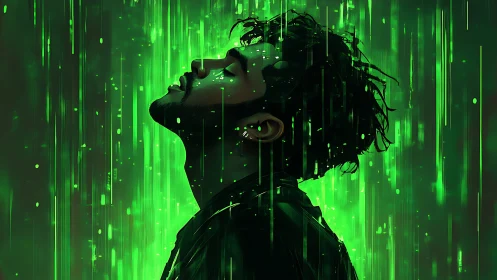 Neon data cascade around silhouetted profile in green flux.