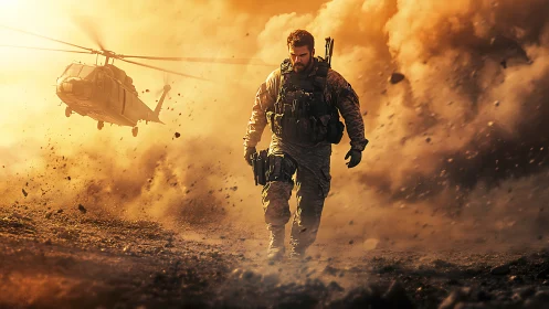 Lone soldier strides through burning dust and rotor thunder.