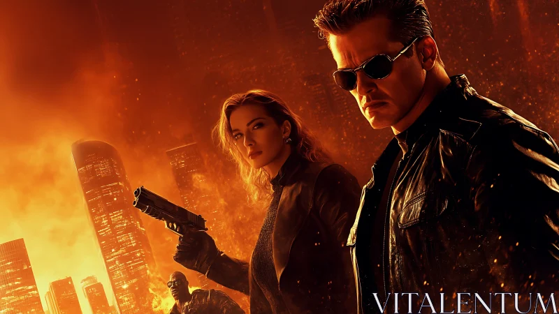 Armed duo in leather amid burning futuristic cityscape