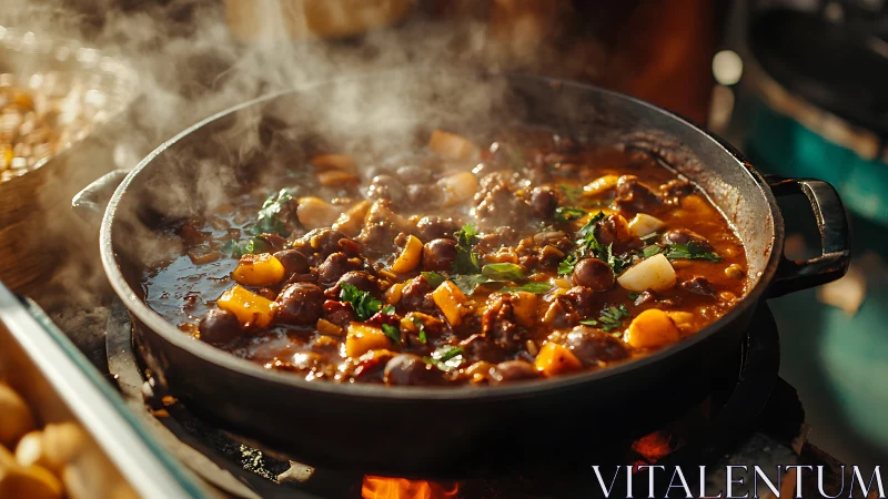 Steaming cast iron pan holds chunky vegetable and meat stew