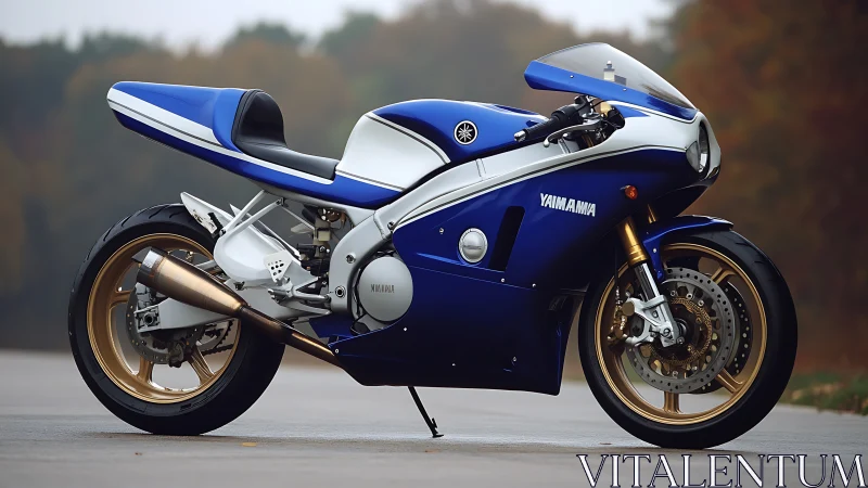 Blue and white sport motorcycle on open road surface.
