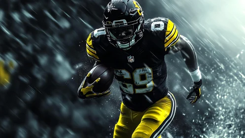 Rain-soaked football running back charging through storm.