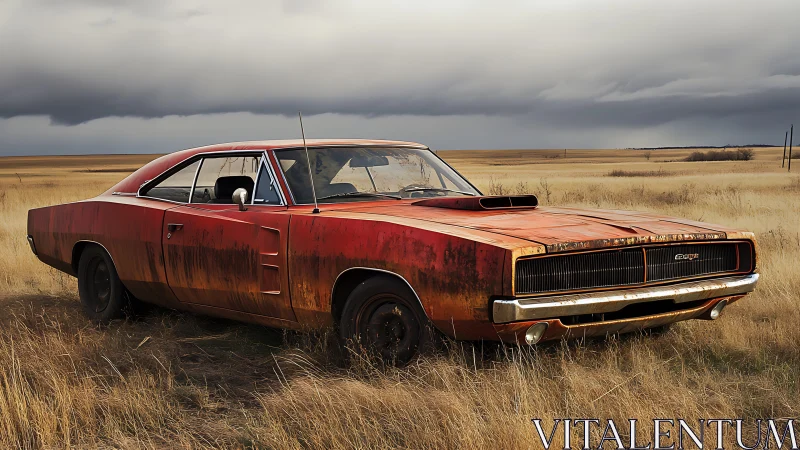 Weathered Dodge Charger resting in windswept prairie grassland