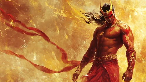 Fire crowned warrior stalks through molten winds of destiny