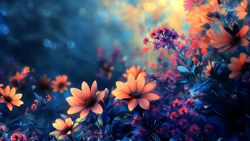 Luminous fantasy wildflowers under deep blue twilight glow.