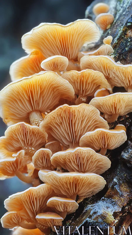 Clustered orange fungi with detailed gills on tree bark.