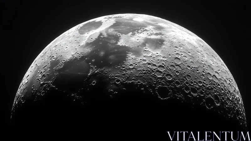 Detailed monochrome close-up of the Moon’s cratered surface.