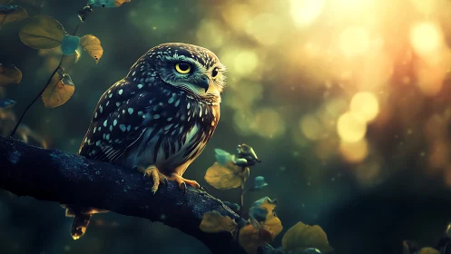 Spotted owl on branch in dreamy golden forest with bokeh effect.