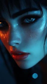 Neon blue female portrait with cinematic orange rim light.