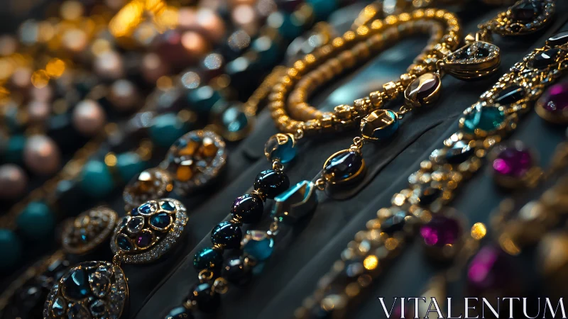 Display of assorted gemstone and gold jewelry arrangements.