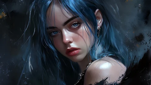 Digital portrait of blue haired woman on dark background.