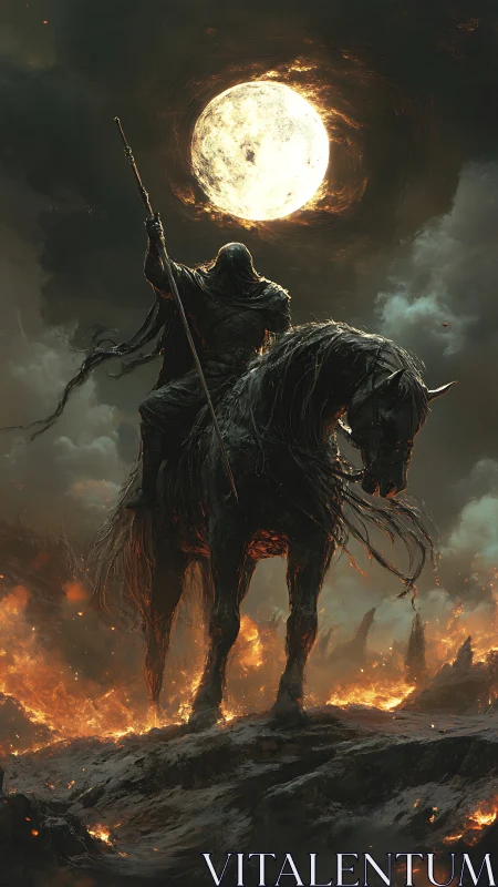 Dread knight on warhorse under burning lunar haloed sky.