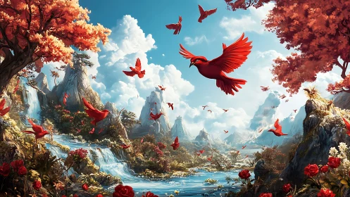 Red birds fly over stylized waterfalls in a vivid valley