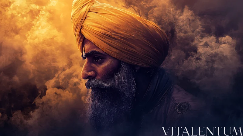 Digital portrait of turbaned elder in dramatic smoke glow.