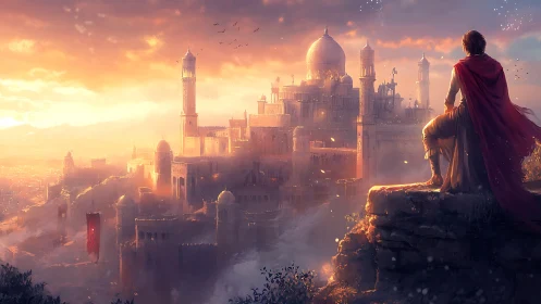 Lone hero overlooks sunlit fantasy citadel at fiery dusk