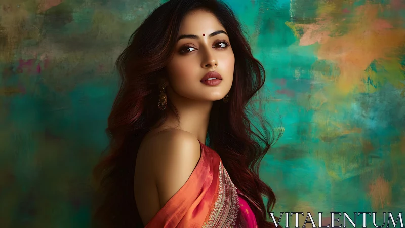 Digital portrait of Indian woman against abstract teal backdrop