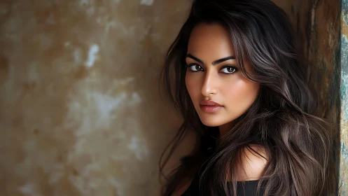 Woman with long dark hair leaning against textured wall.