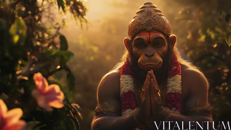 Divine monkey sage in golden sunset jungle prayer pose.