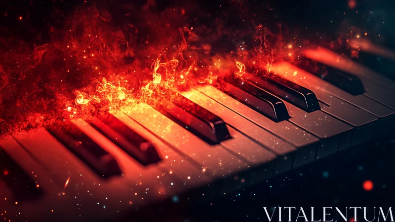 Flaming piano keys casting symphonic sparks into darkness.