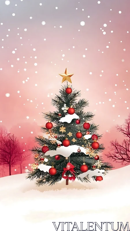 Snowy Christmas tree glowing against a rosy winter sky.