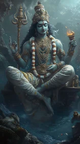 Divine blue deity in underwater meditation with sacred flame.