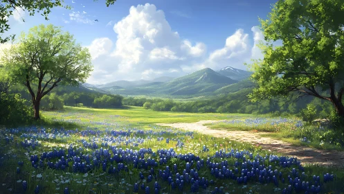 Spring meadow path beneath sunlit mountains and clouds.