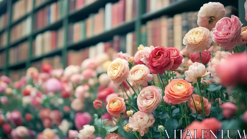 Ranunculus Blooms Against Library Shelves.