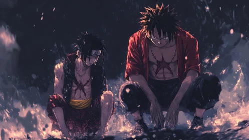 Battle-scarred warriors kneel in stormlit, fiery rain