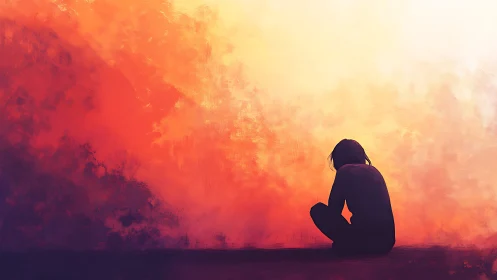 Silhouetted figure seated against warm abstract sky.