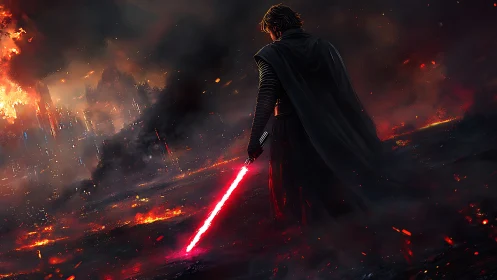 Lone dark warrior with red saber on burning wasteland.